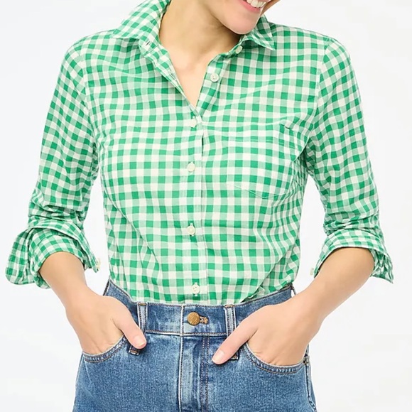 J.Crew Gingham Button Down Shirt Signature Green Picnic White Size Small NWT - Picture 1 of 4